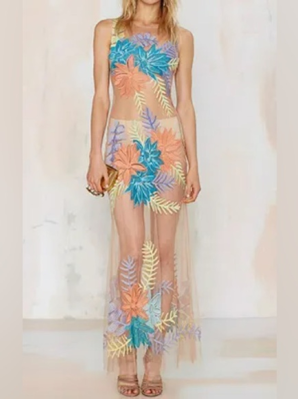 For Love and Lemons Nasty Gal Tropicana Embroidered Maxi Dress Sheer Small $298